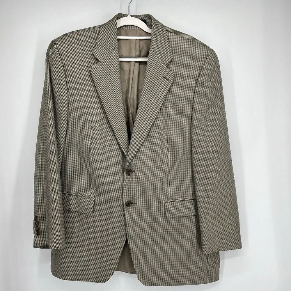 Lauren Ralph Lauren Blazer 42R Tan Black Houndstooth Sport Coat Silk Wool Blend